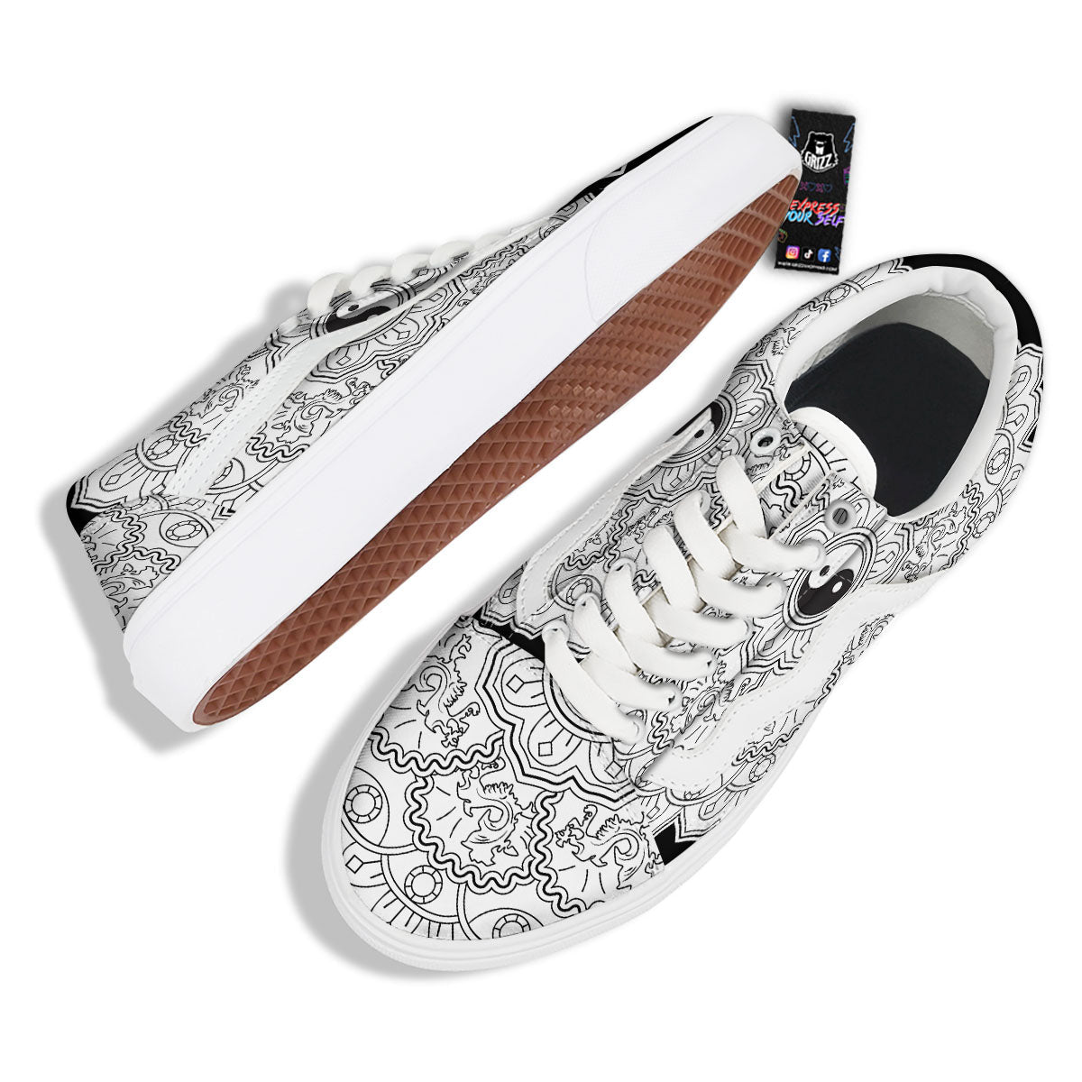 Yin Yang Mandala White And Black Print Skate Shoes-grizzshop