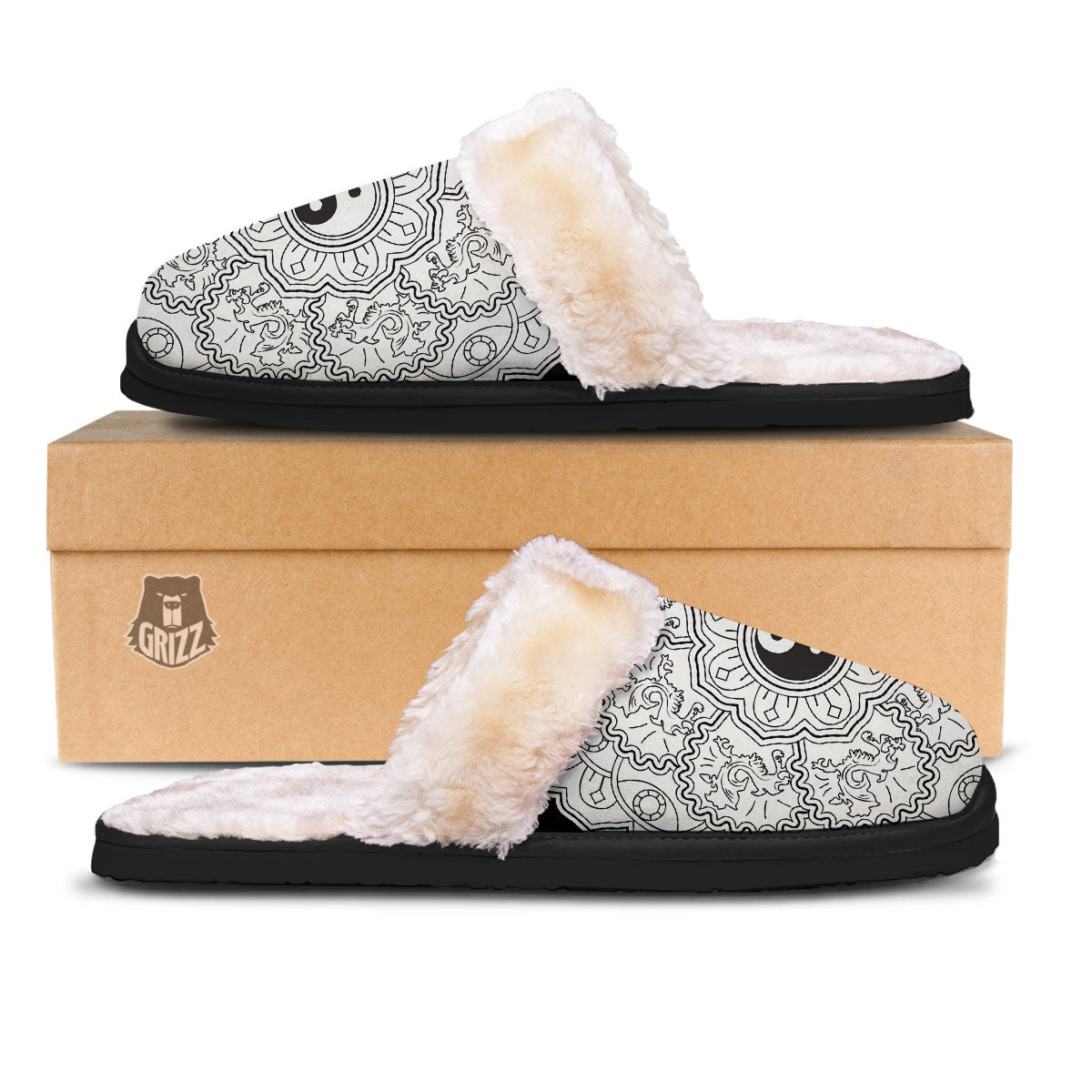 Yin Yang Mandala White And Black Print Slippers-grizzshop