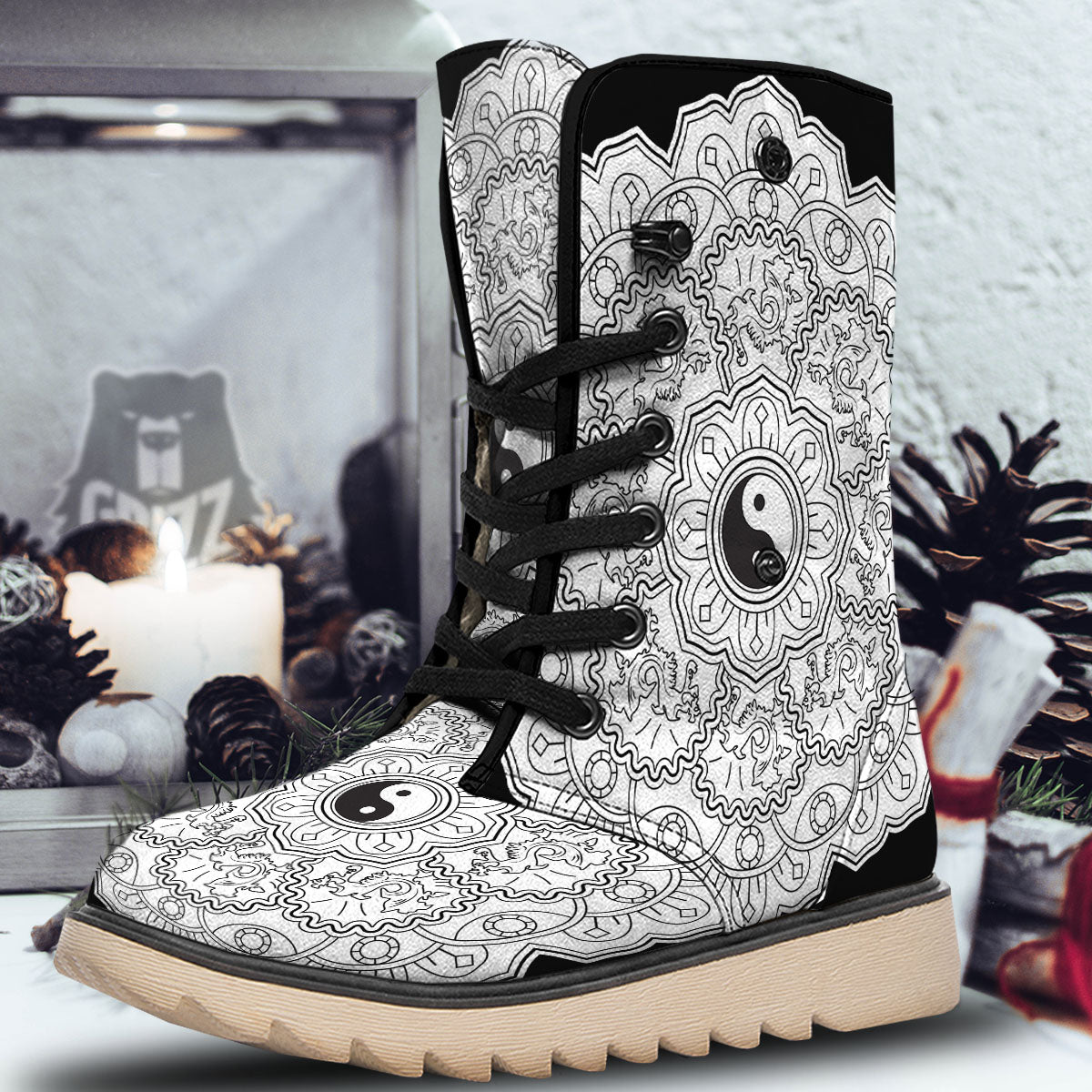 Yin Yang Mandala White And Black Print Snow Boots-grizzshop