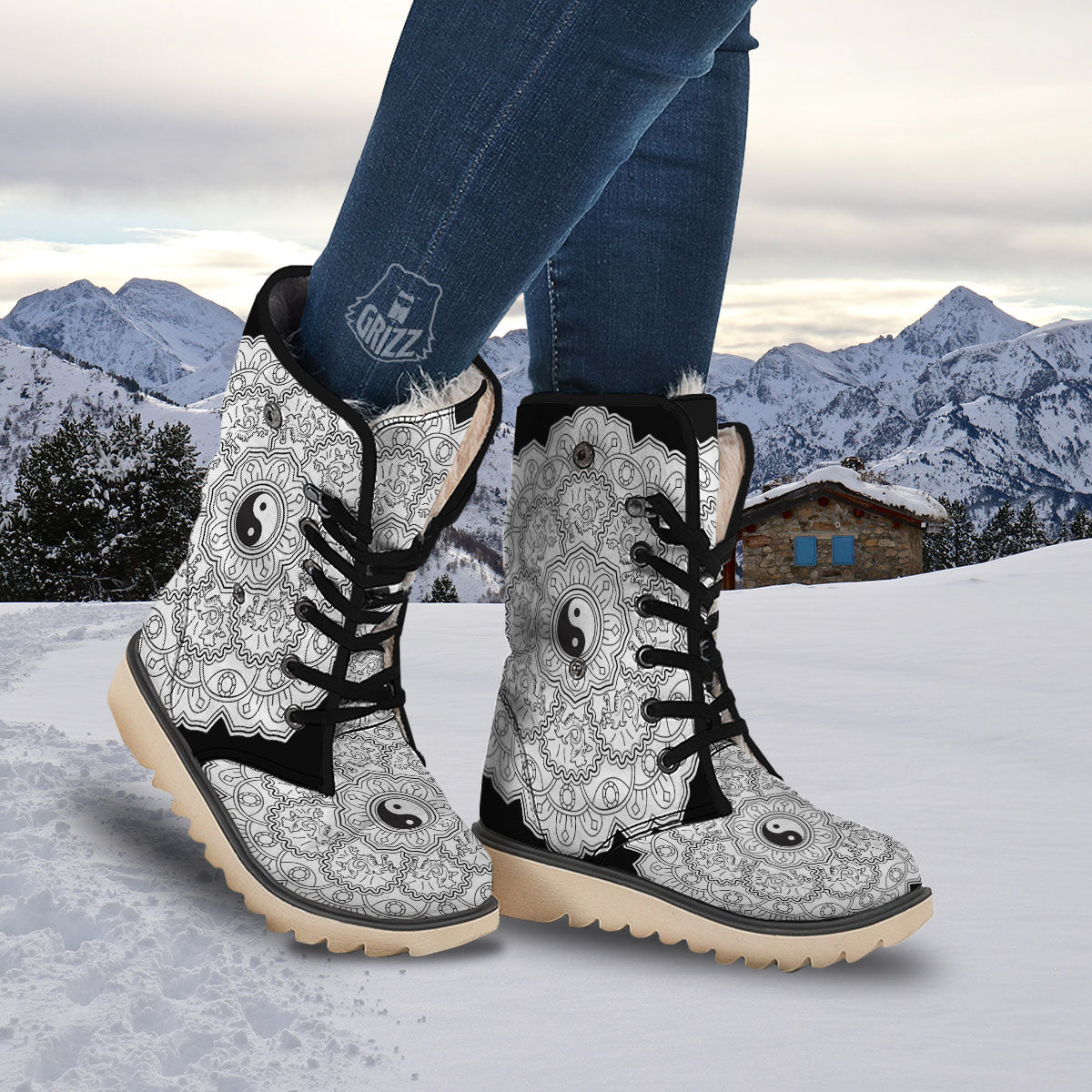 Yin Yang Mandala White And Black Print Snow Boots-grizzshop