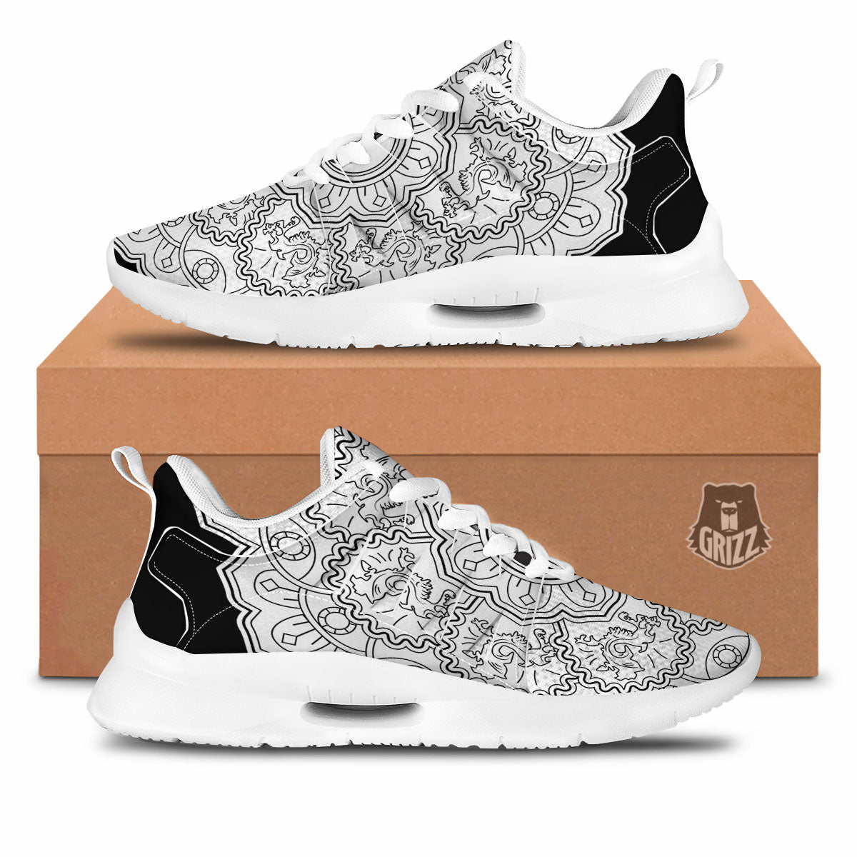 Yin Yang Mandala White And Black Print Tennis Shoes-grizzshop