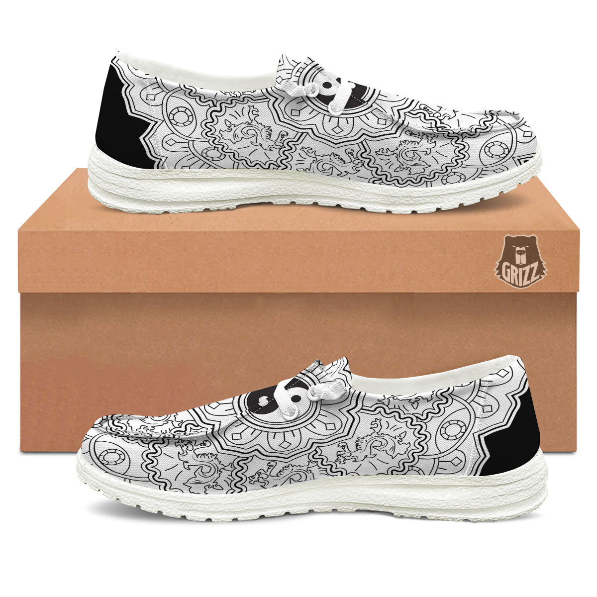 Yin Yang Mandala White And Black Print White Loafers-grizzshop