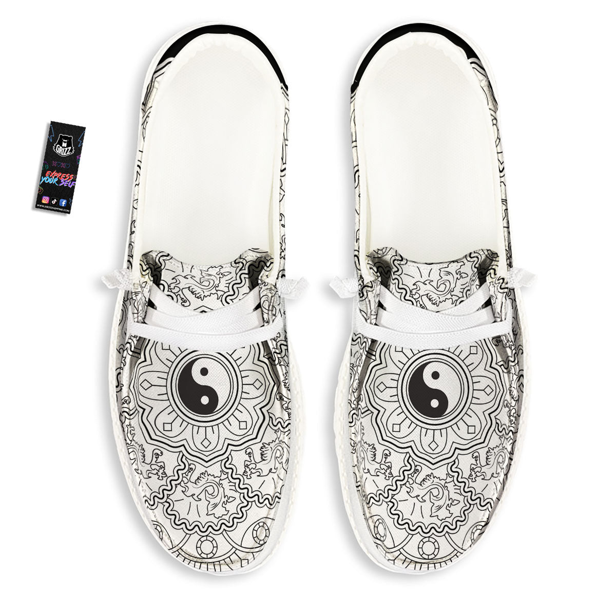 Yin Yang Mandala White And Black Print White Loafers-grizzshop