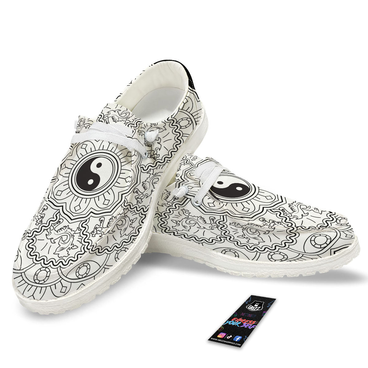 Yin Yang Mandala White And Black Print White Loafers-grizzshop