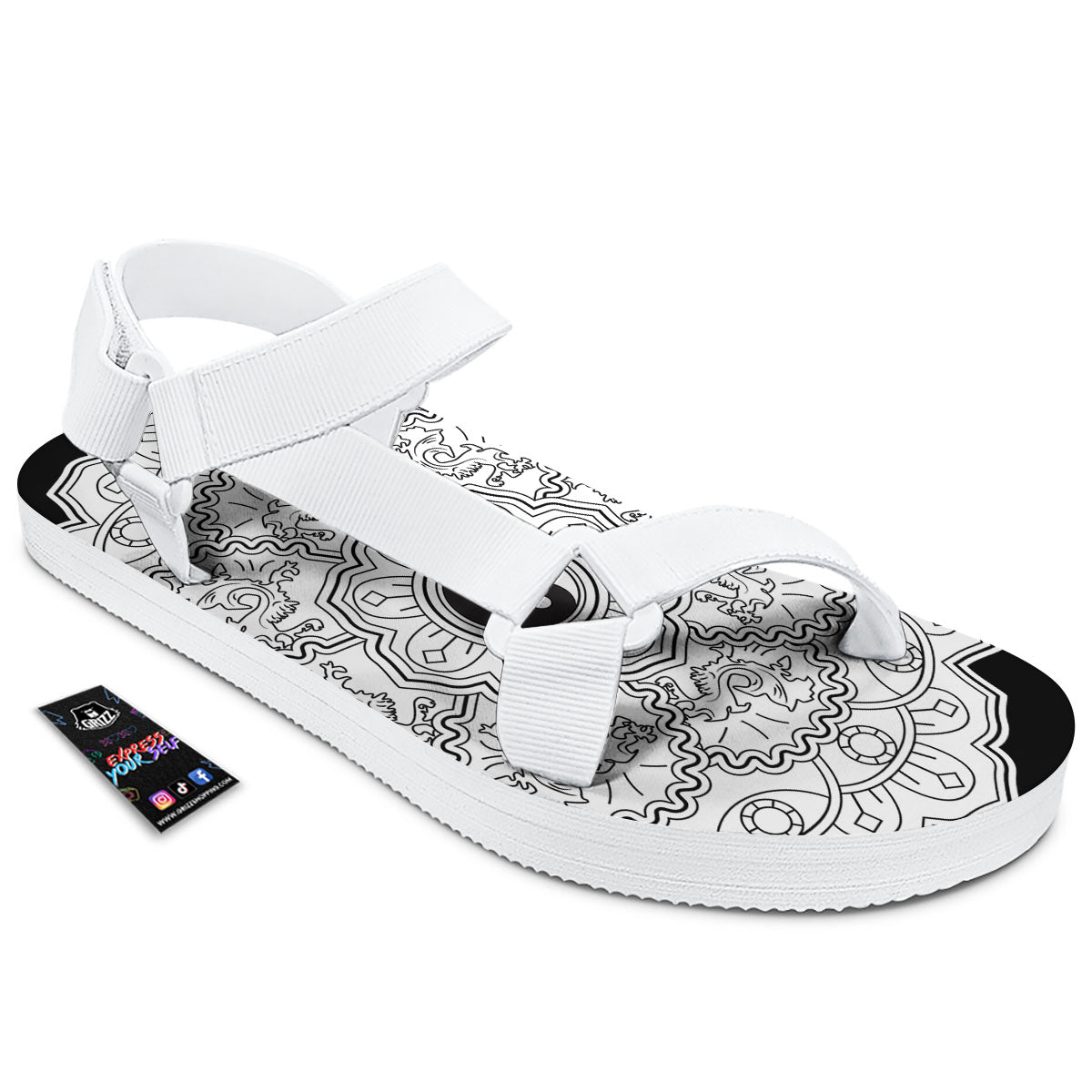 Yin Yang Mandala White And Black Print White Open Toe Sandals-grizzshop
