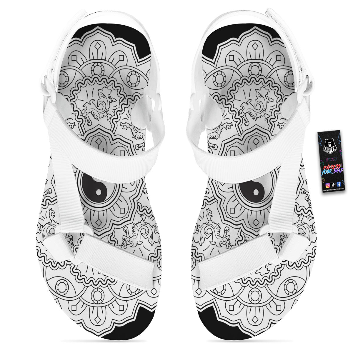 Yin Yang Mandala White And Black Print White Open Toe Sandals-grizzshop