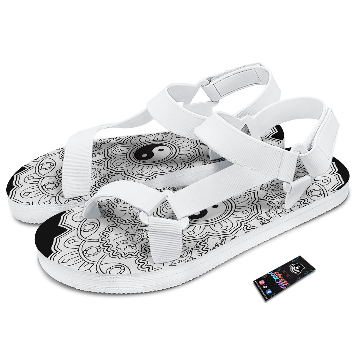 Yin Yang Mandala White And Black Print White Open Toe Sandals-grizzshop