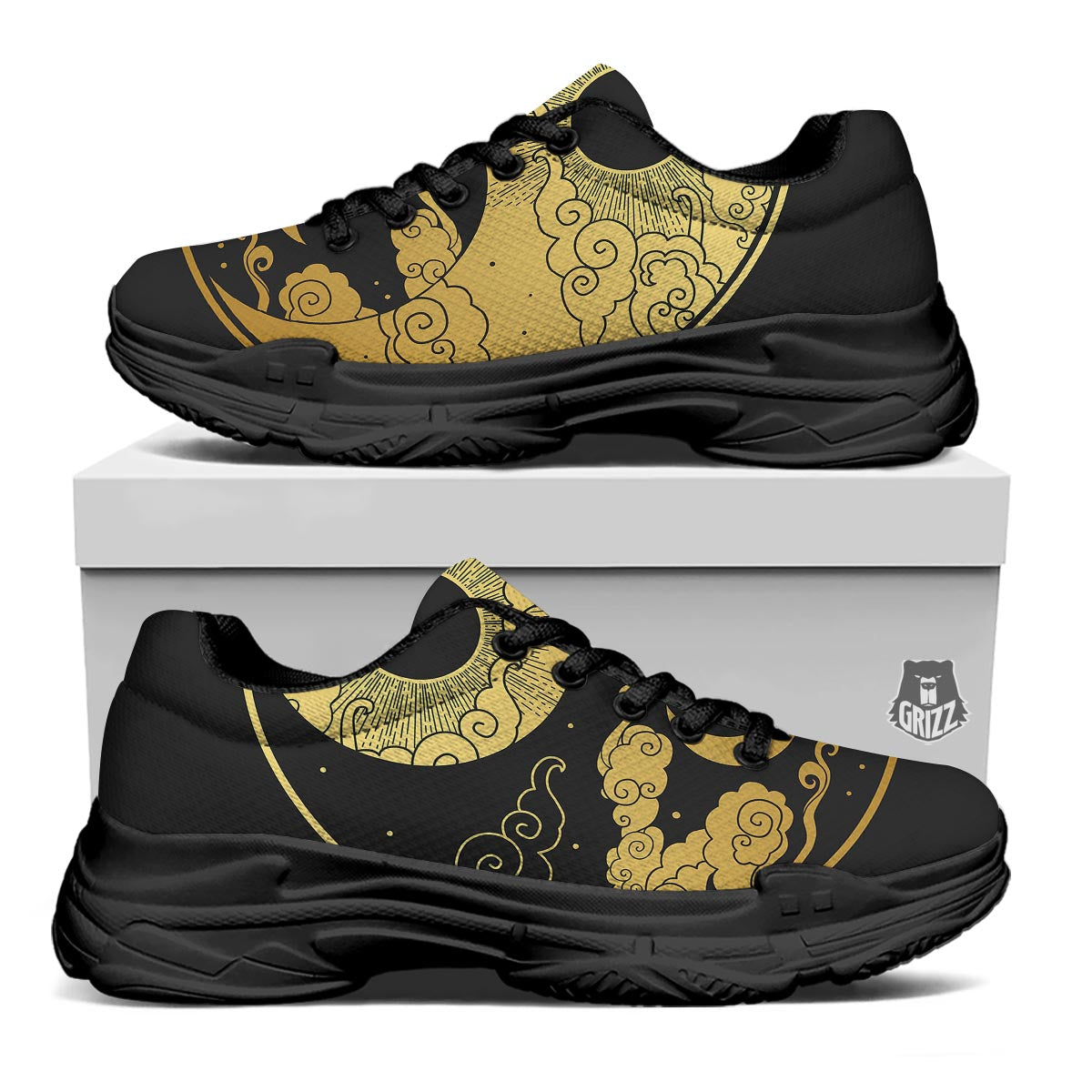 Yin Yang Moon And Sun Print Black Chunky Shoes-grizzshop