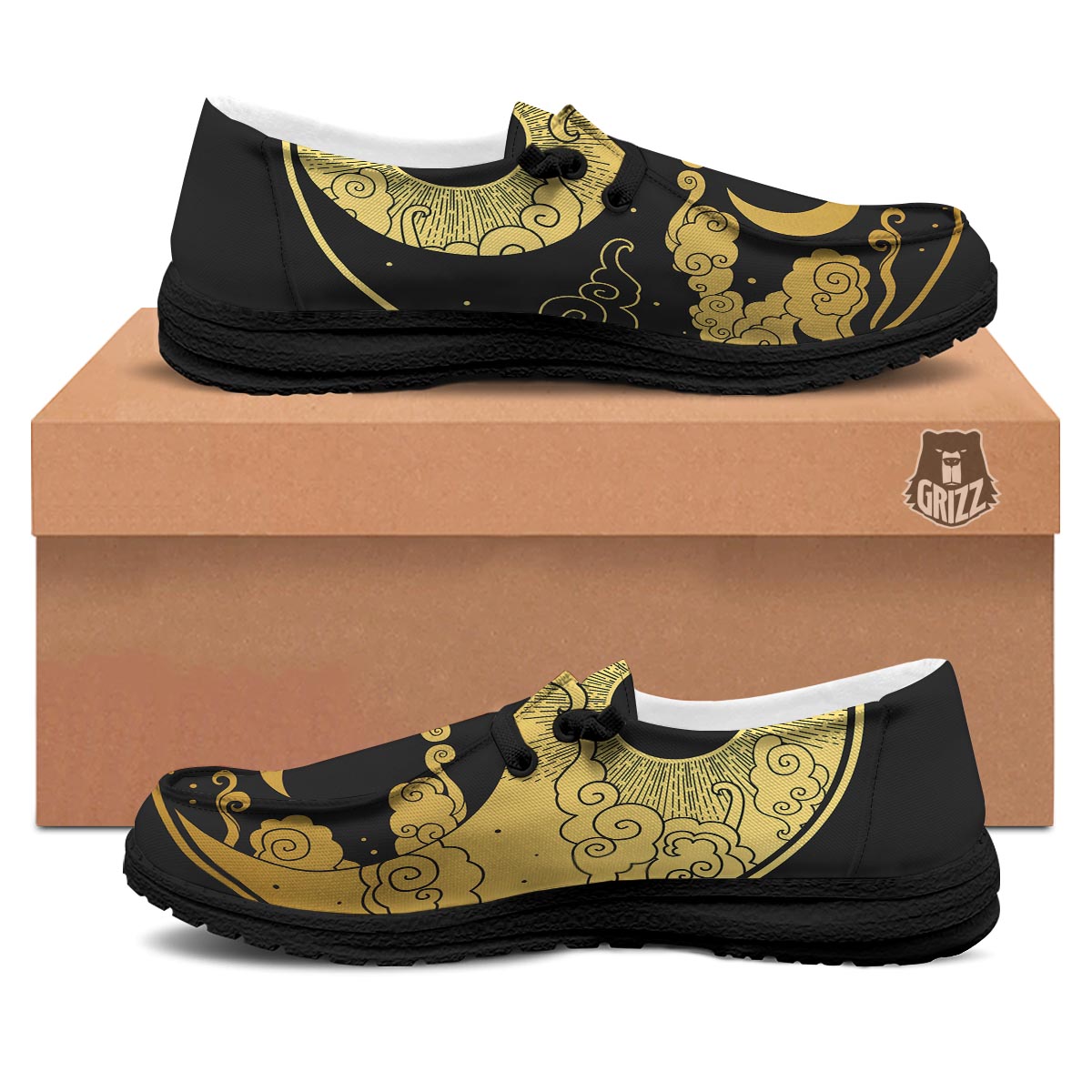 Yin Yang Moon And Sun Print Black Loafers-grizzshop