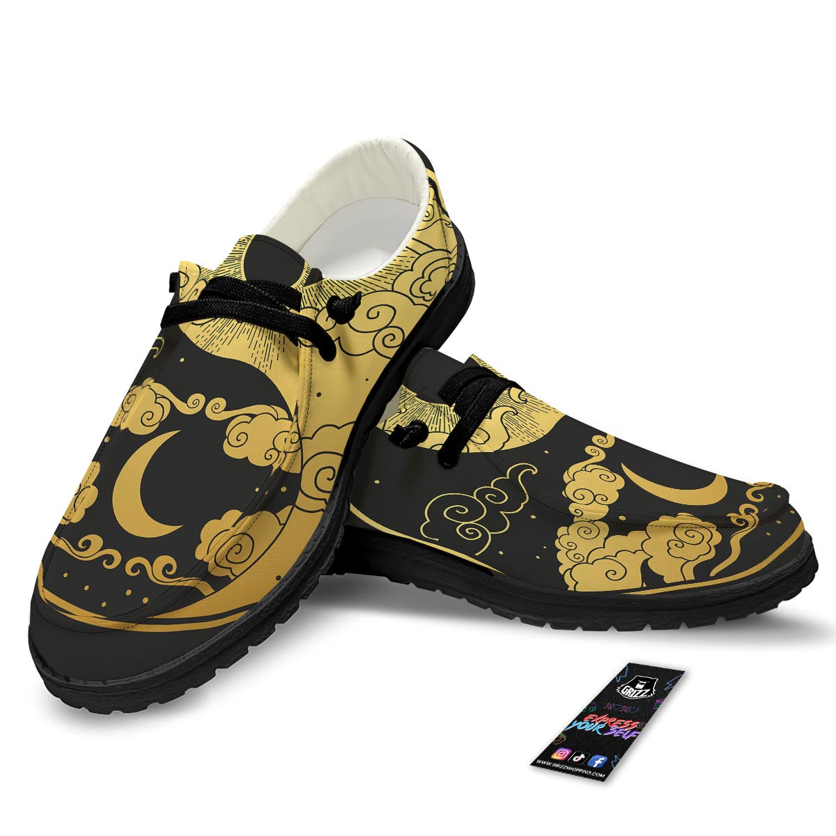 Yin Yang Moon And Sun Print Black Loafers-grizzshop