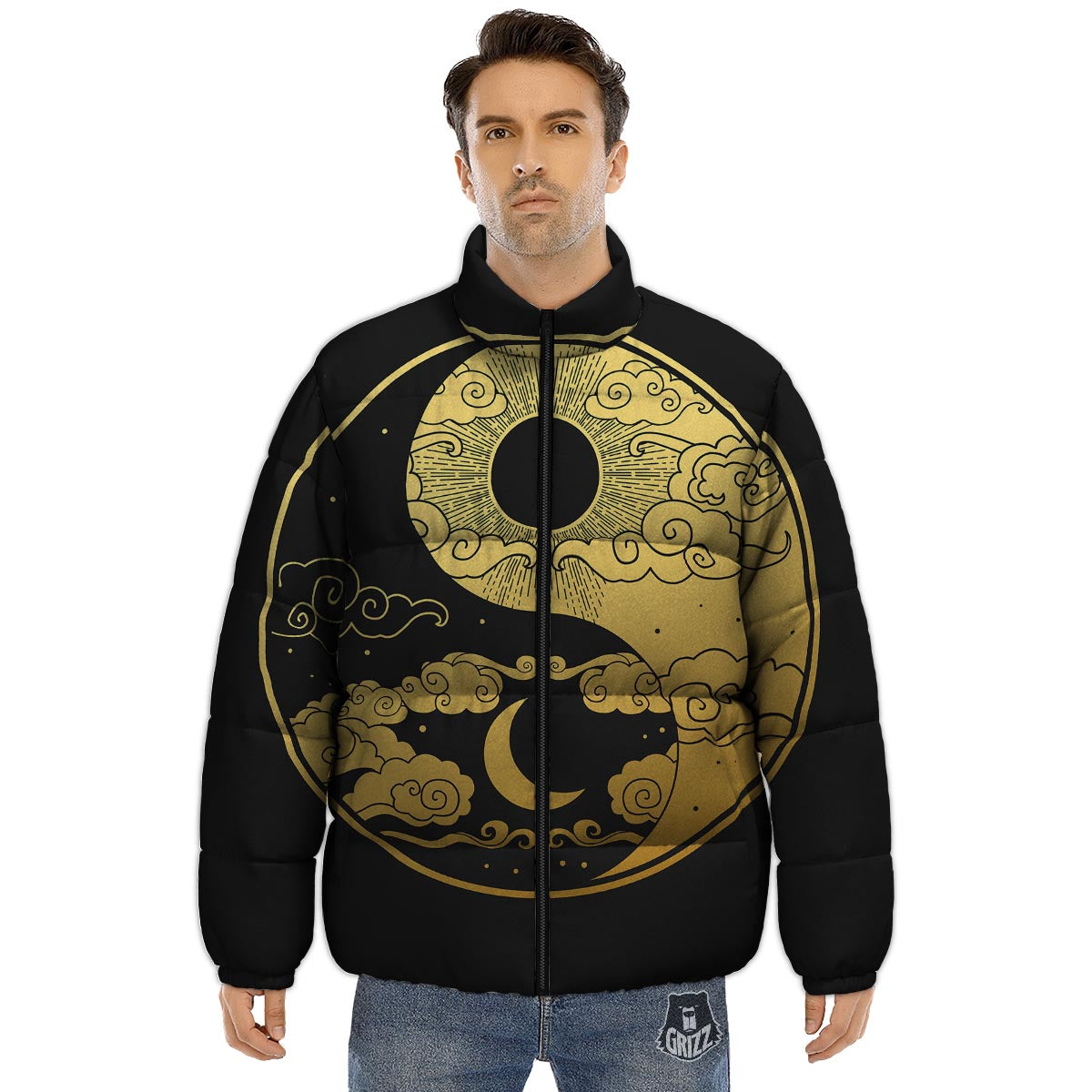 Yin Yang Moon And Sun Print Puffer Jacket-grizzshop