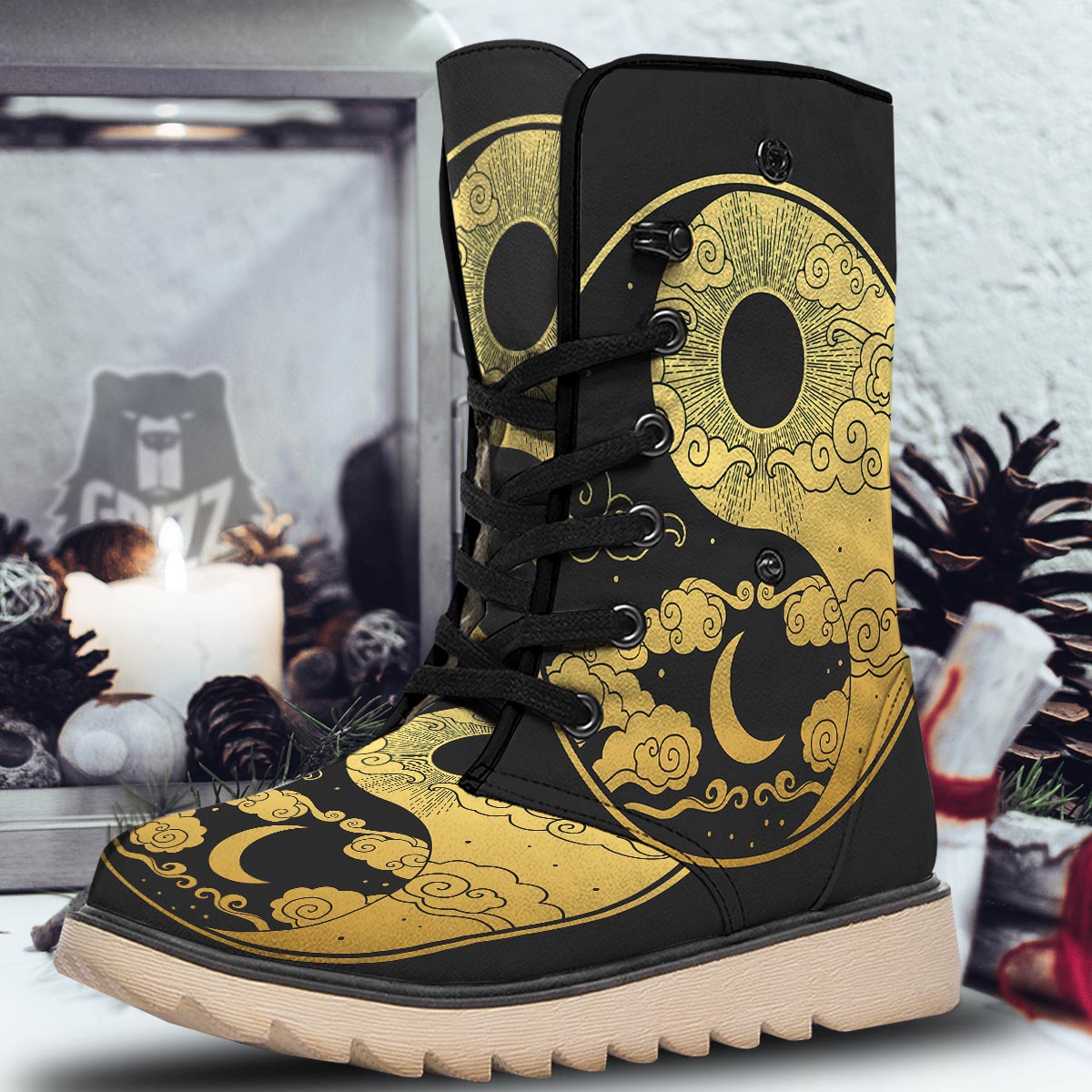 Yin Yang Moon And Sun Print Snow Boots-grizzshop