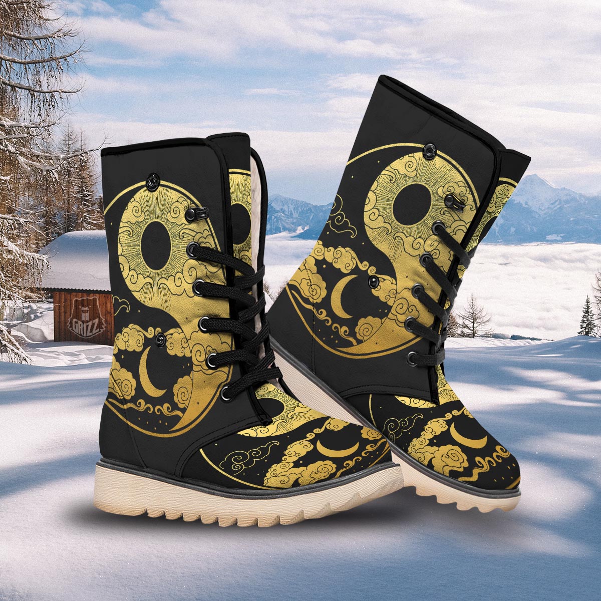 Yin Yang Moon And Sun Print Snow Boots-grizzshop