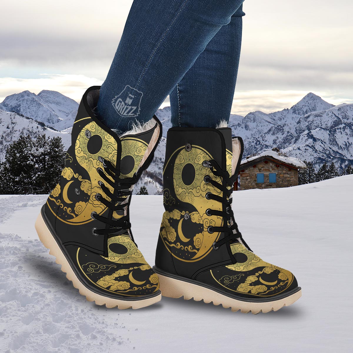 Yin Yang Moon And Sun Print Snow Boots-grizzshop