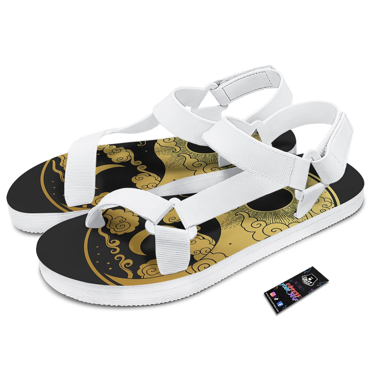 Yin Yang Moon And Sun Print White Open Toe Sandals-grizzshop