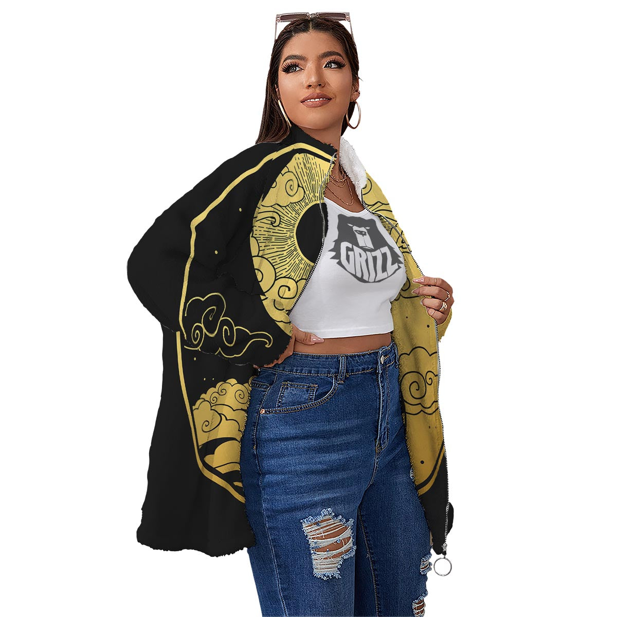 Yin Yang Moon And Sun Print Women's Sherpa Jacket-grizzshop