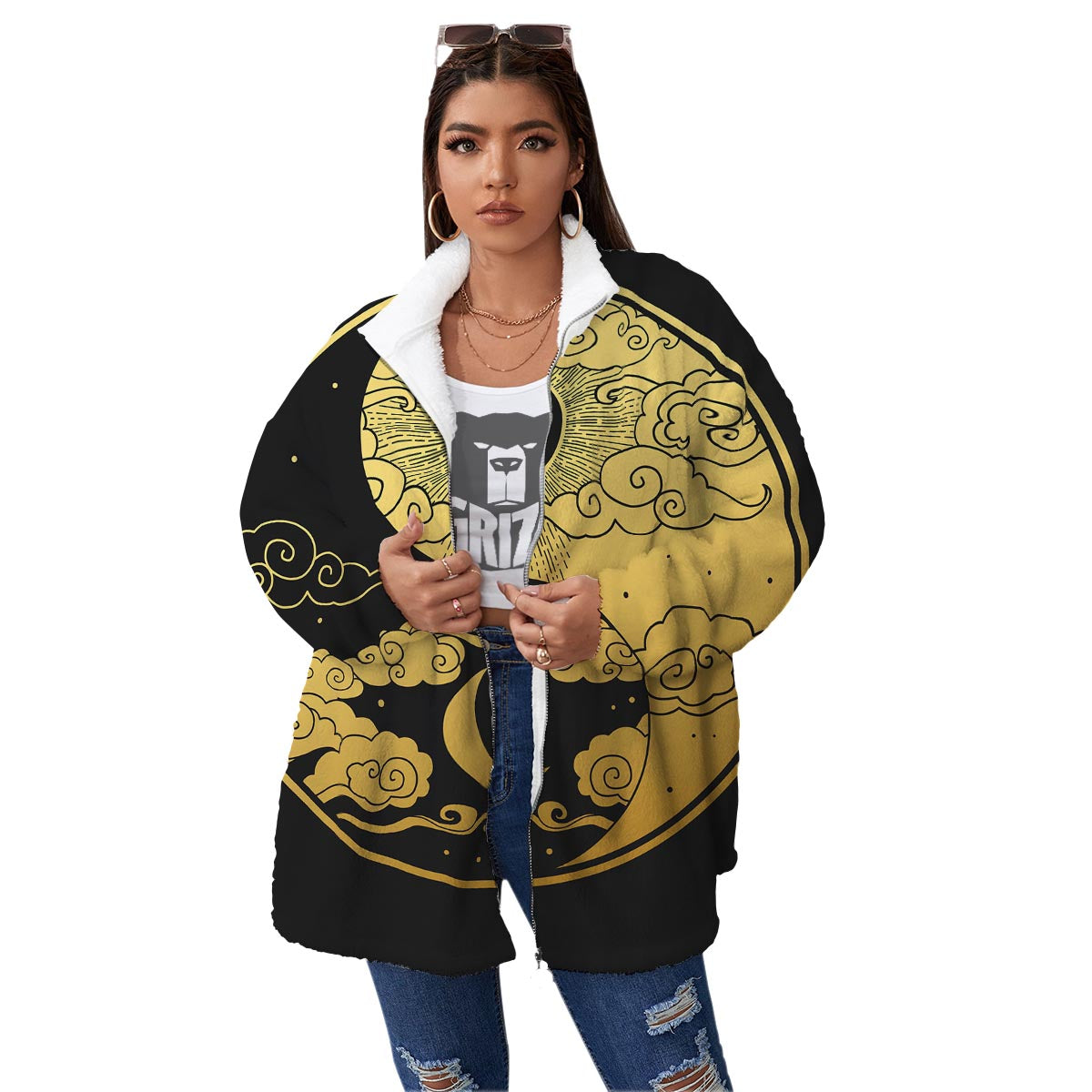 Yin Yang Moon And Sun Print Women's Sherpa Jacket-grizzshop