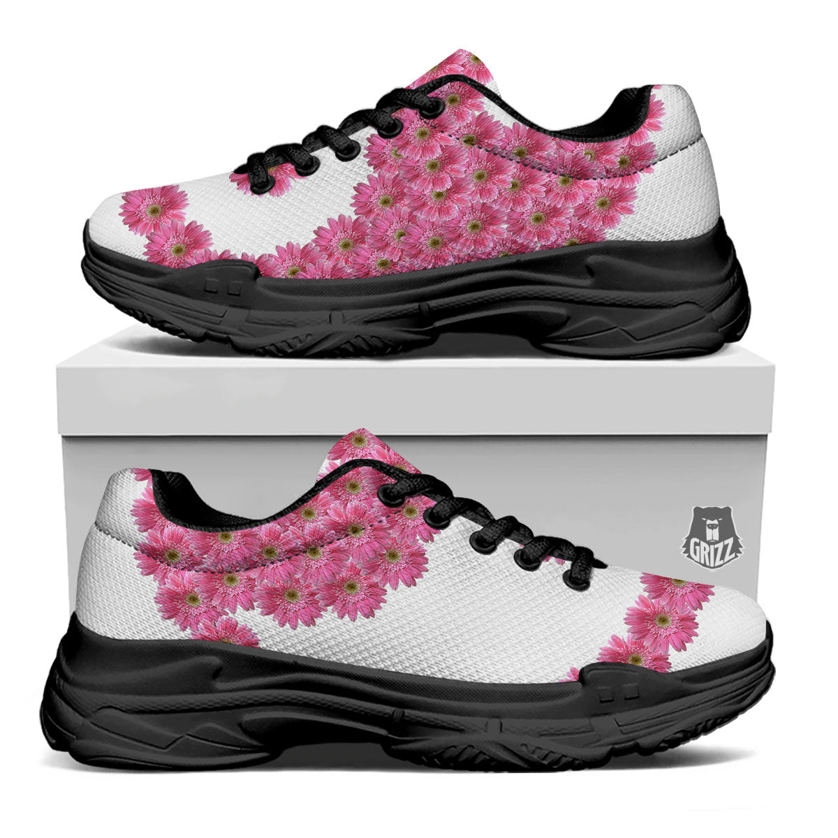 Yin Yang Pink Flowers Print Black Chunky Shoes-grizzshop