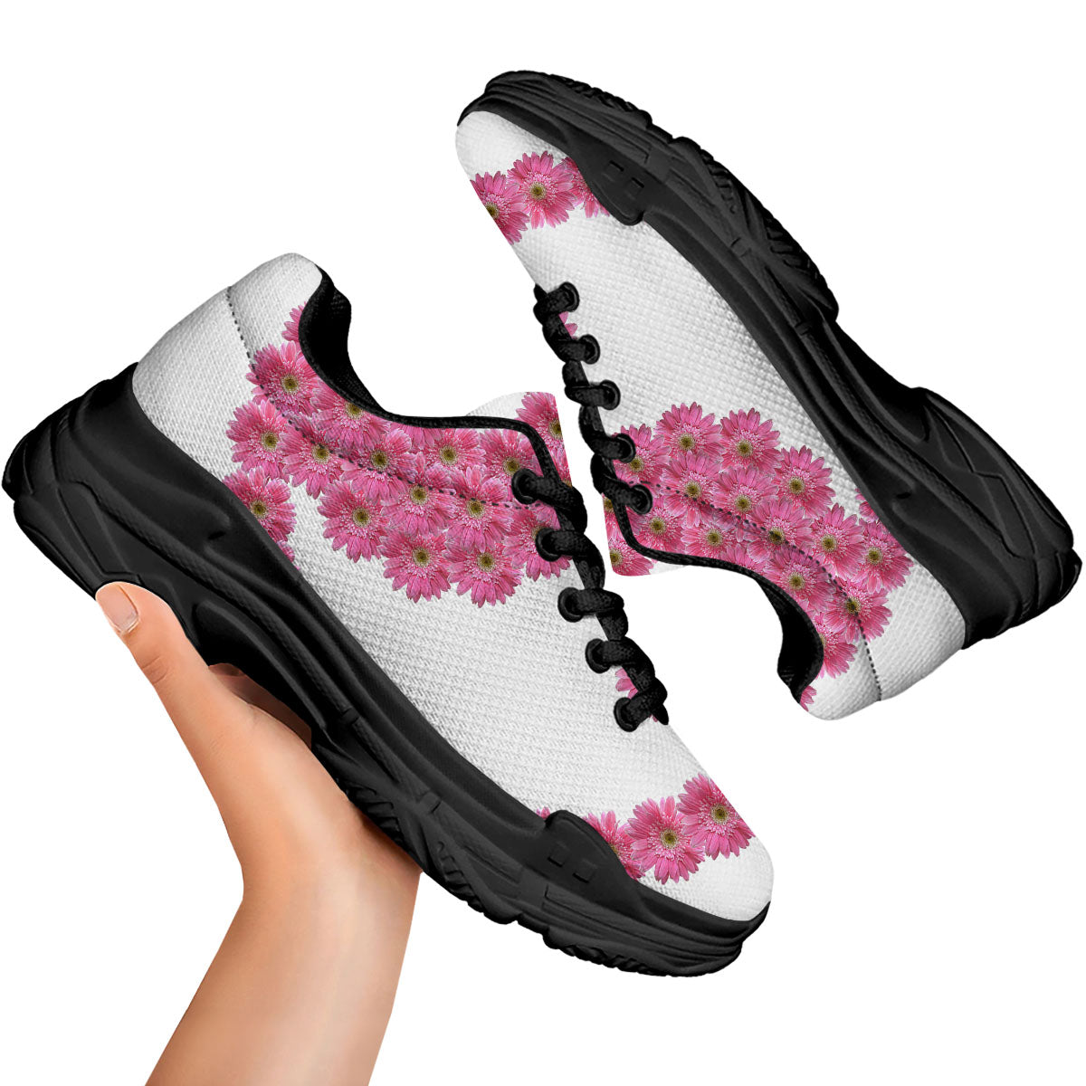 Yin Yang Pink Flowers Print Black Chunky Shoes-grizzshop