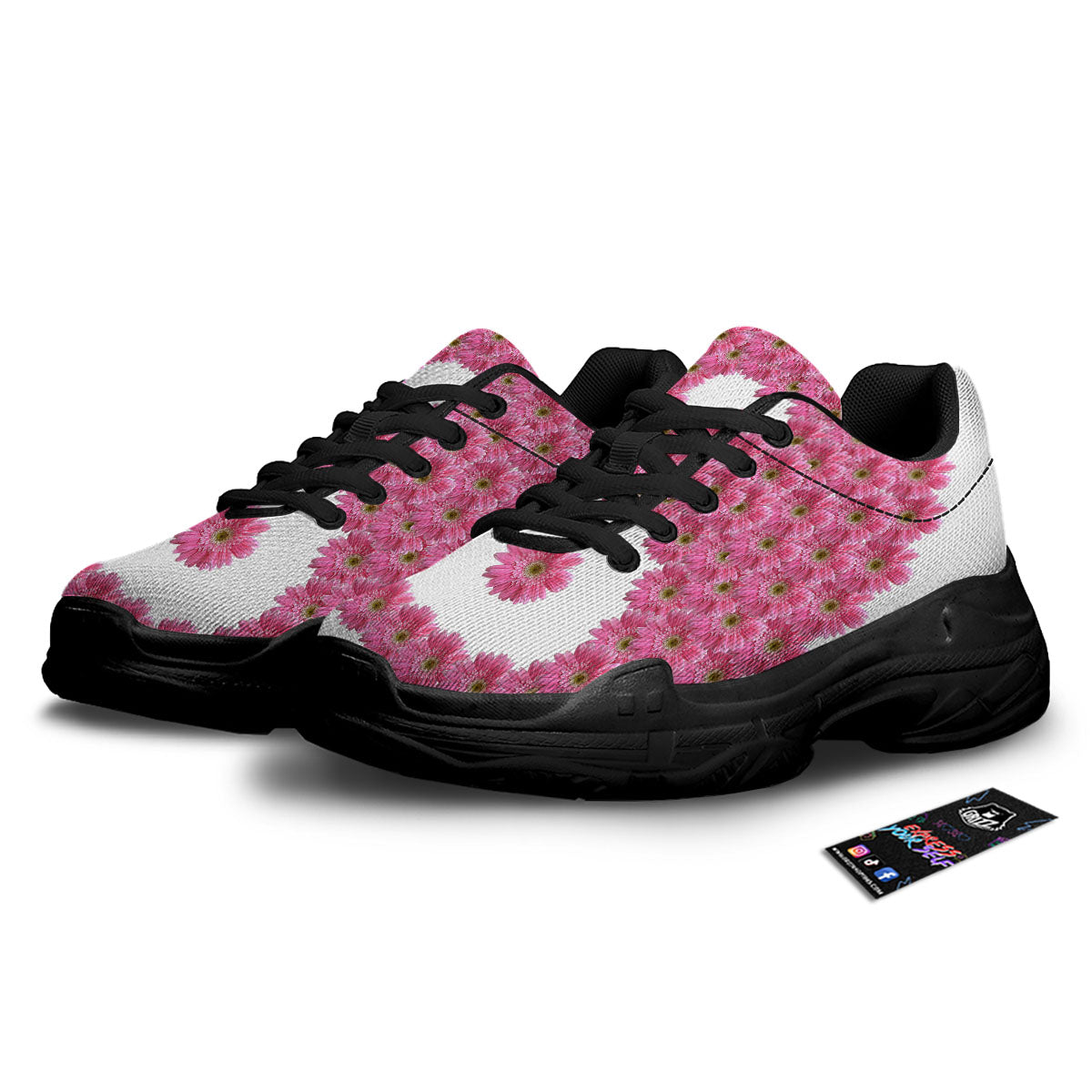Yin Yang Pink Flowers Print Black Chunky Shoes-grizzshop