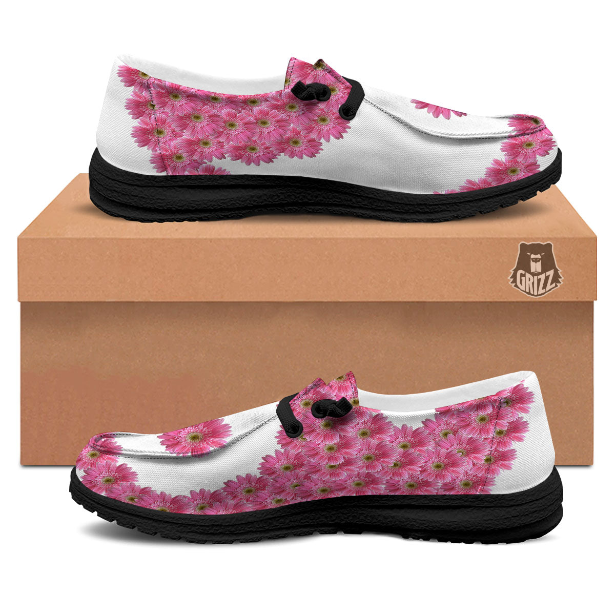 Yin Yang Pink Flowers Print Black Loafers-grizzshop