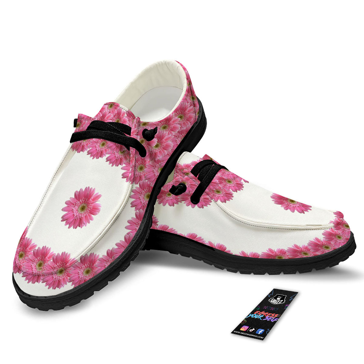 Yin Yang Pink Flowers Print Black Loafers-grizzshop