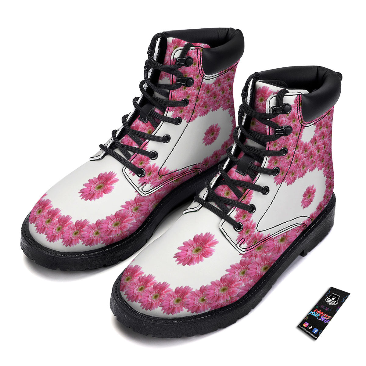 Yin Yang Pink Flowers Print Boots-grizzshop