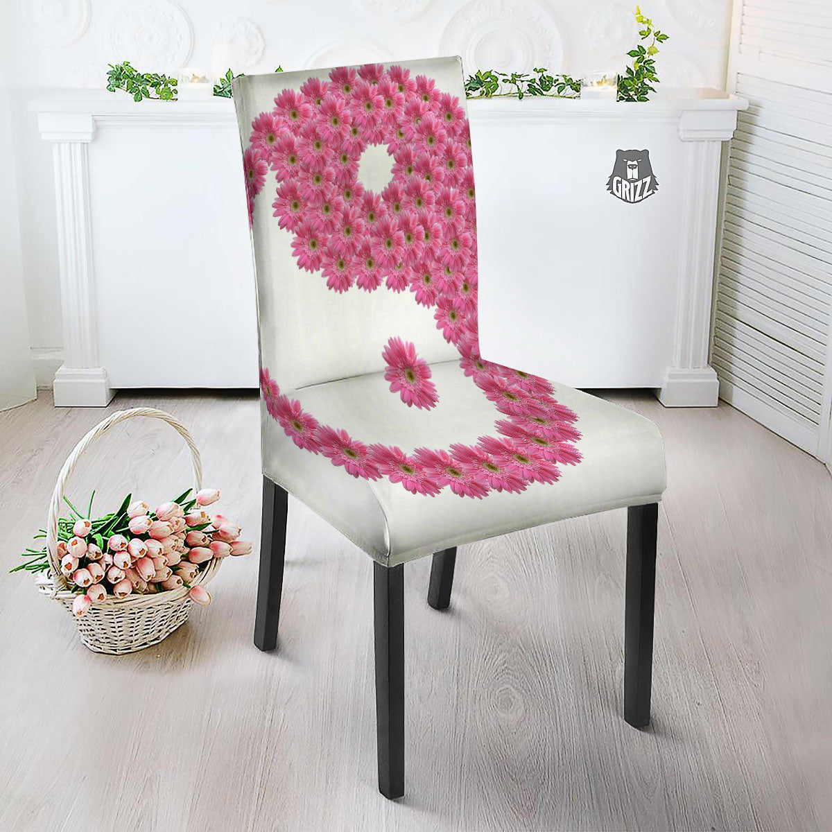 Yin Yang Pink Flowers Print Dining Chair Slipcover-grizzshop