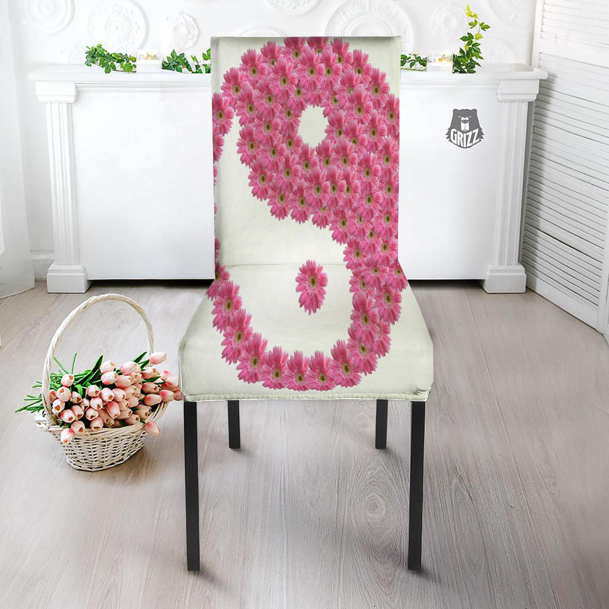 Yin Yang Pink Flowers Print Dining Chair Slipcover-grizzshop