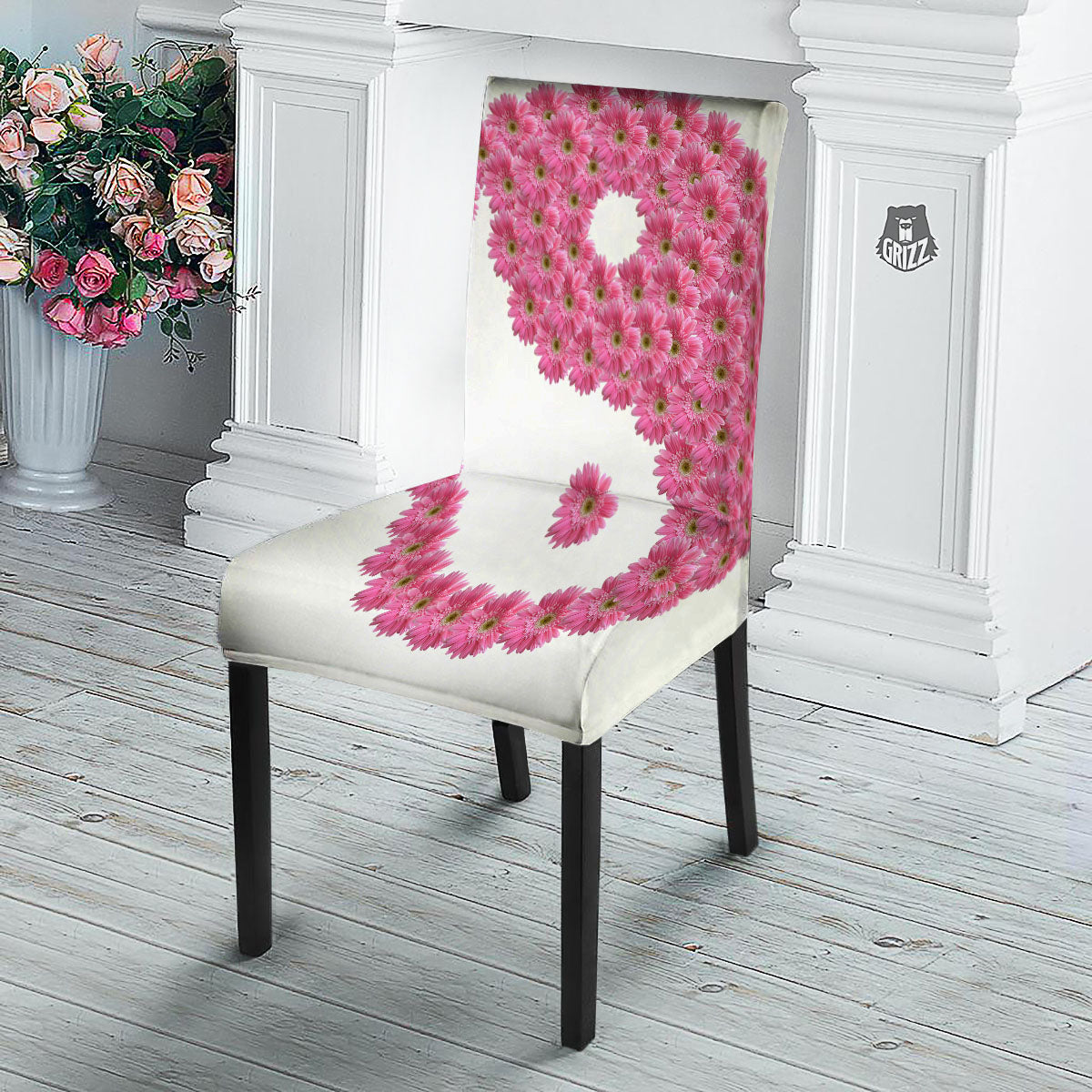 Yin Yang Pink Flowers Print Dining Chair Slipcover-grizzshop