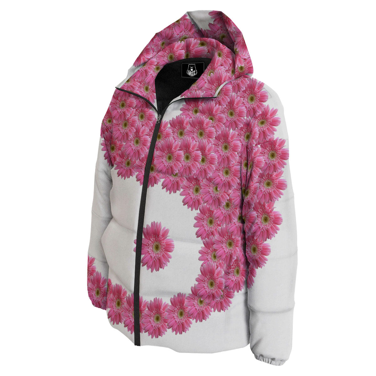 Yin Yang Pink Flowers Print Down Jacket-grizzshop