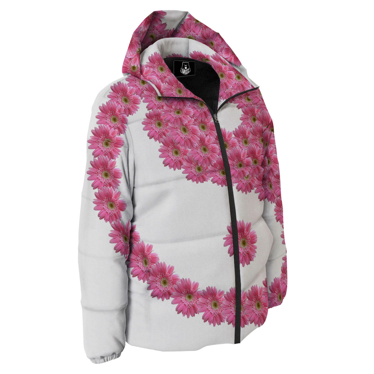 Yin Yang Pink Flowers Print Down Jacket-grizzshop
