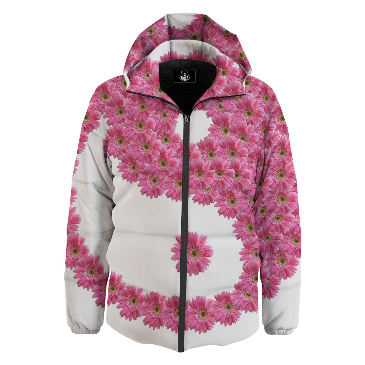 Yin Yang Pink Flowers Print Down Jacket-grizzshop
