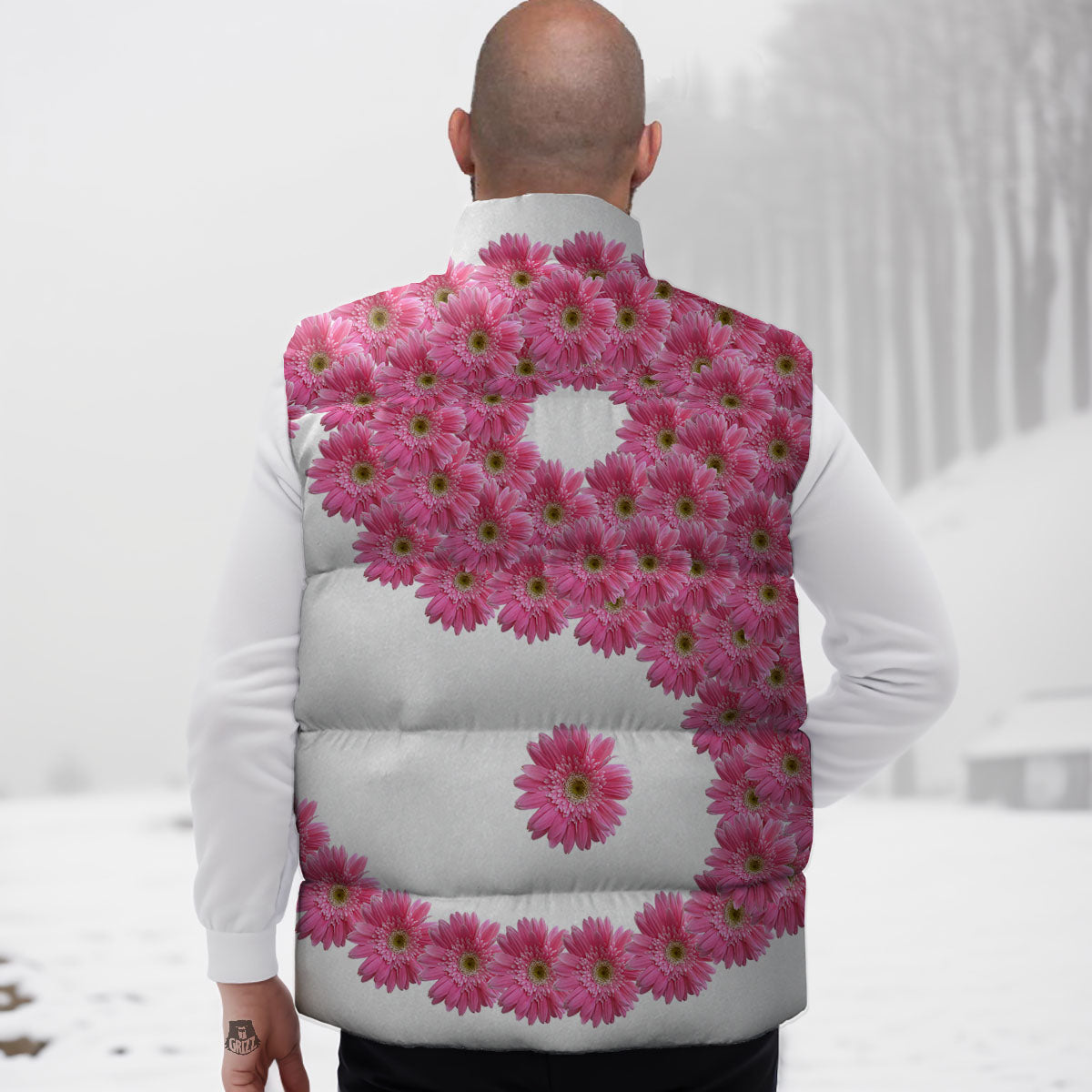 Yin Yang Pink Flowers Print Down Vest-grizzshop