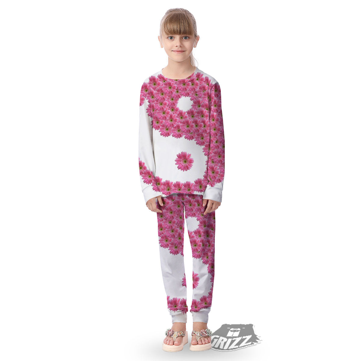 Yin Yang Pink Flowers Print Kid's Pajamas-grizzshop