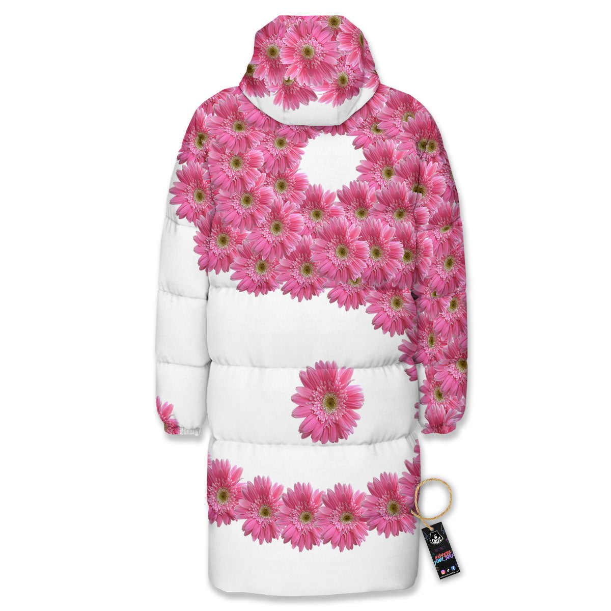 Yin Yang Pink Flowers Print Long Down Jacket-grizzshop