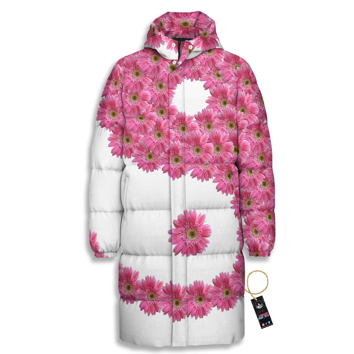 Yin Yang Pink Flowers Print Long Down Jacket-grizzshop