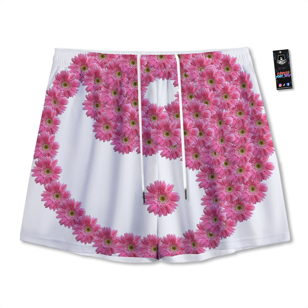 Yin Yang Pink Flowers Print Mesh Shorts-grizzshop