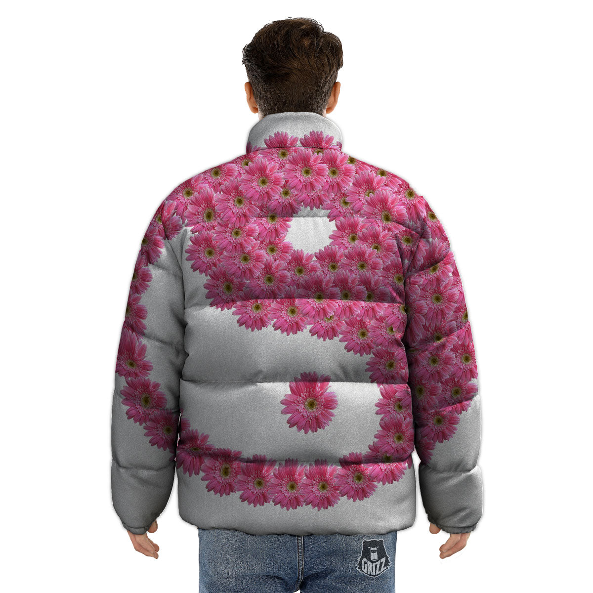 Yin Yang Pink Flowers Print Puffer Jacket-grizzshop
