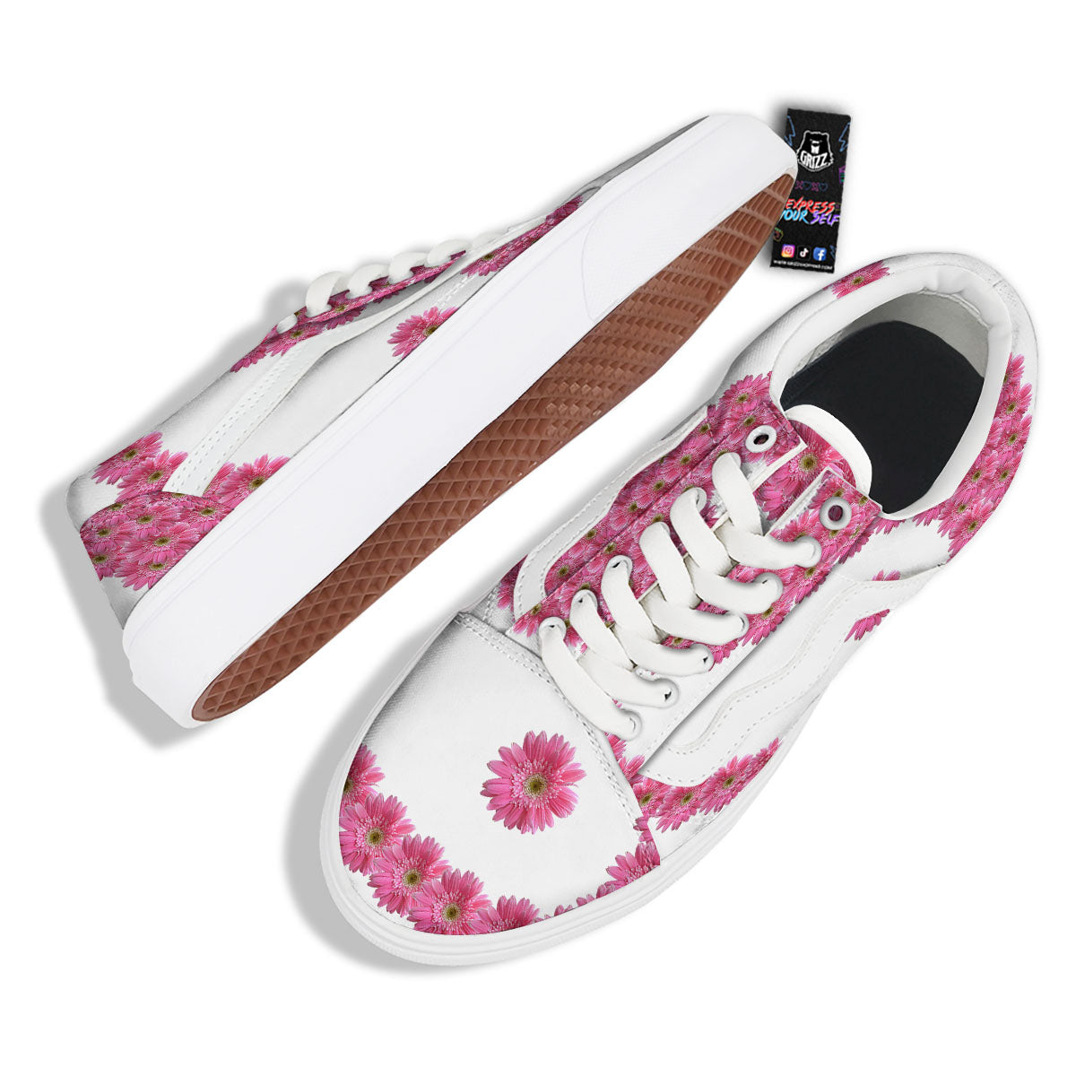 Yin Yang Pink Flowers Print Skate Shoes-grizzshop