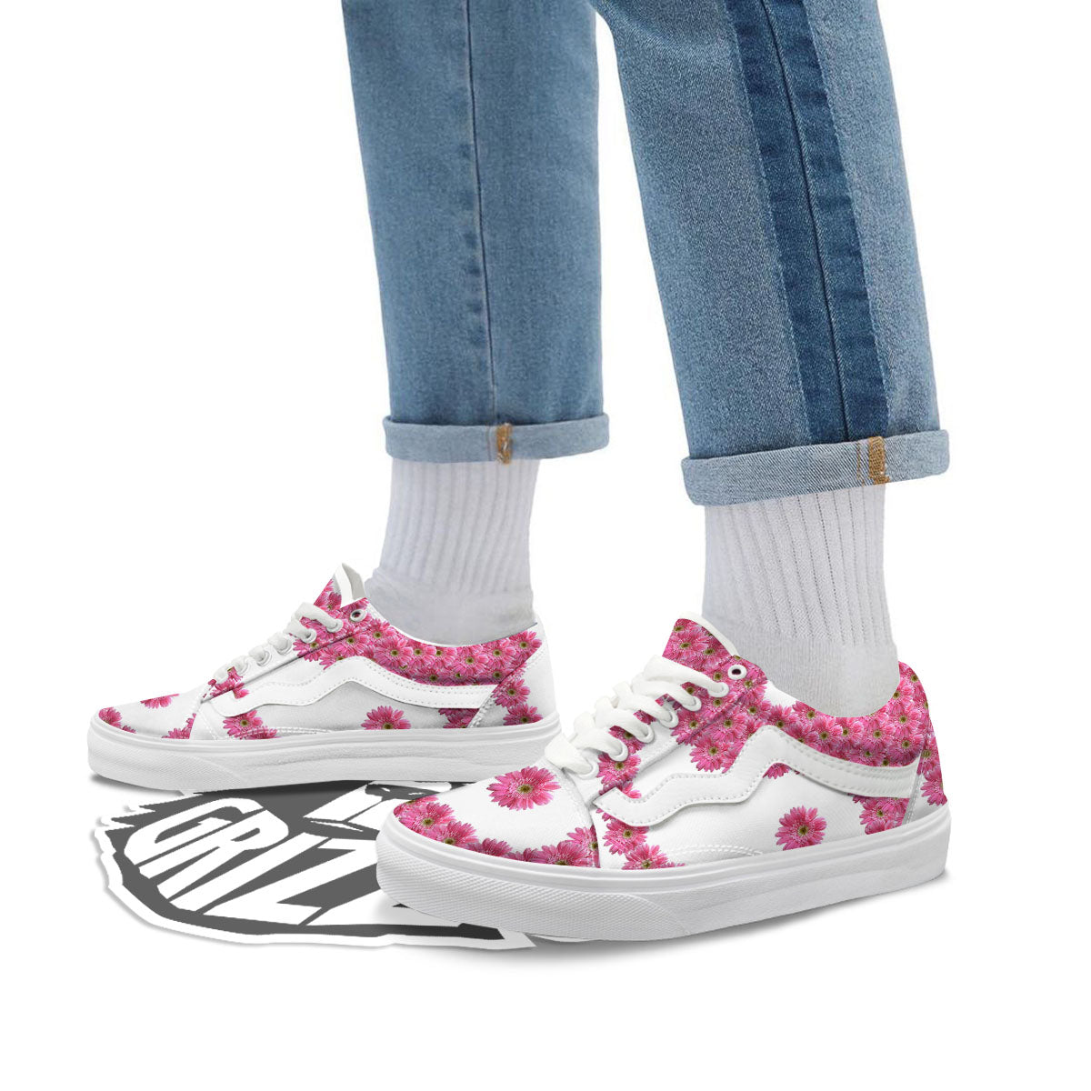 Yin Yang Pink Flowers Print Skate Shoes-grizzshop