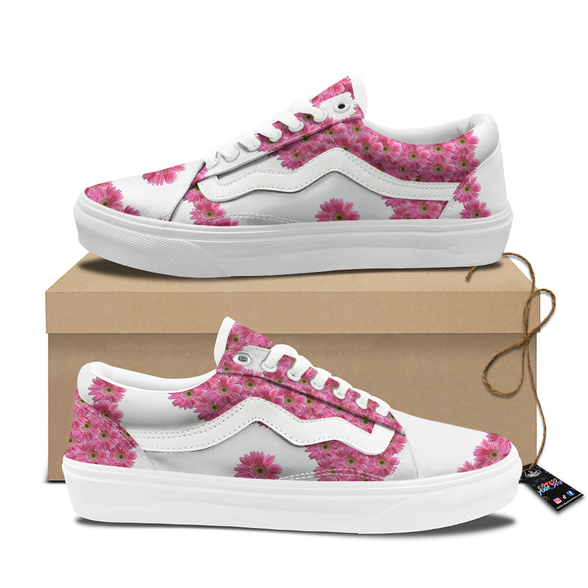 Yin Yang Pink Flowers Print Skate Shoes-grizzshop