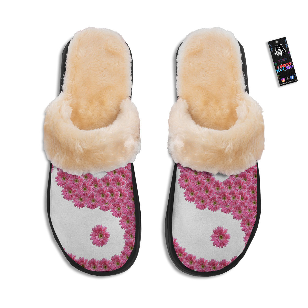 Yin Yang Pink Flowers Print Slippers-grizzshop