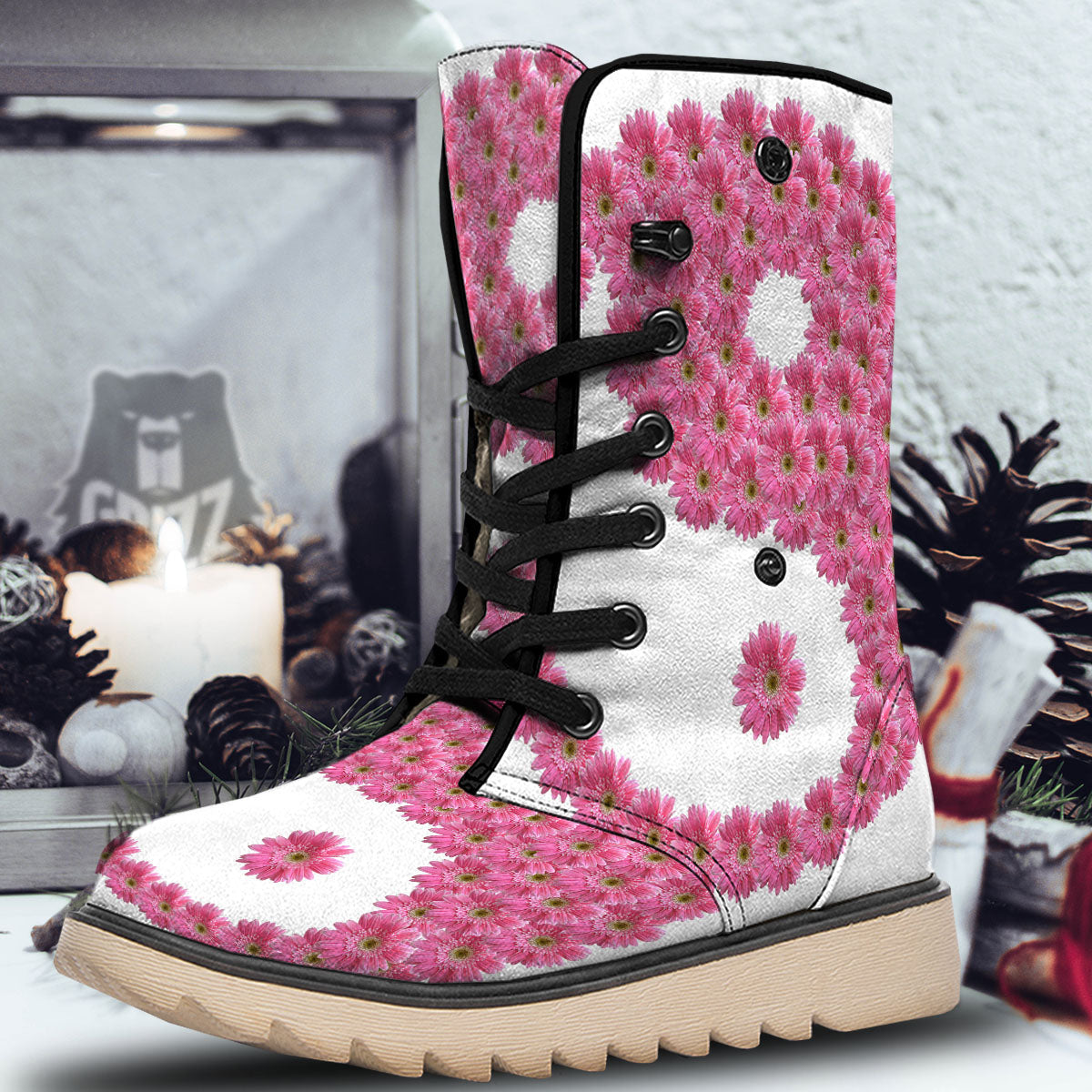 Yin Yang Pink Flowers Print Snow Boots-grizzshop