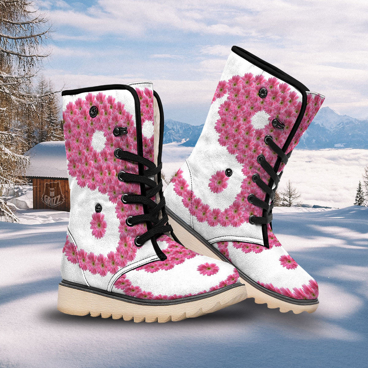 Yin Yang Pink Flowers Print Snow Boots-grizzshop