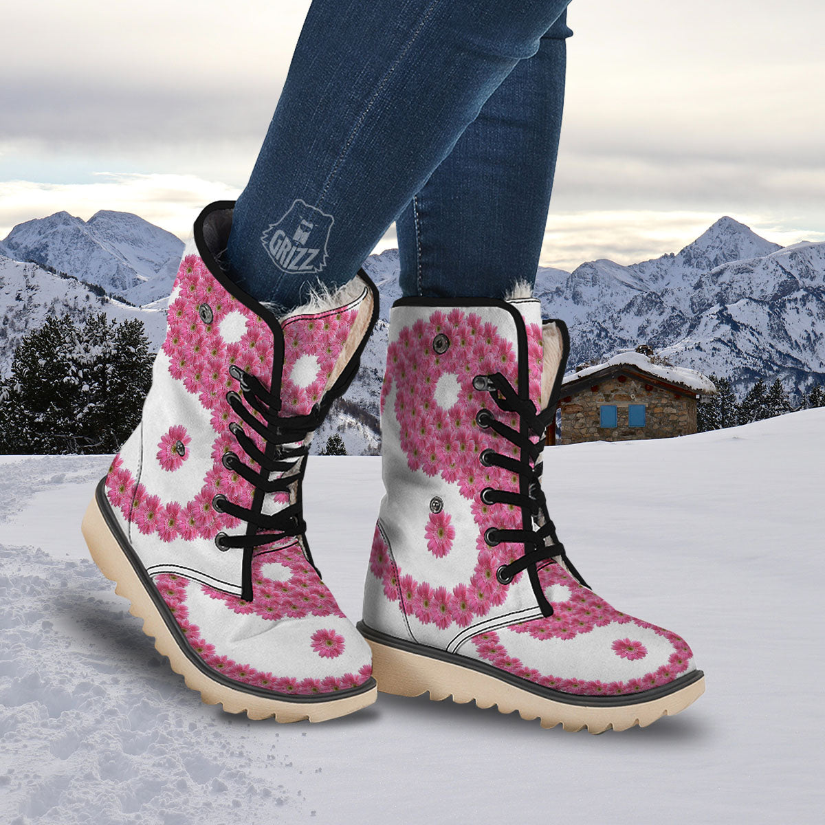 Yin Yang Pink Flowers Print Snow Boots-grizzshop