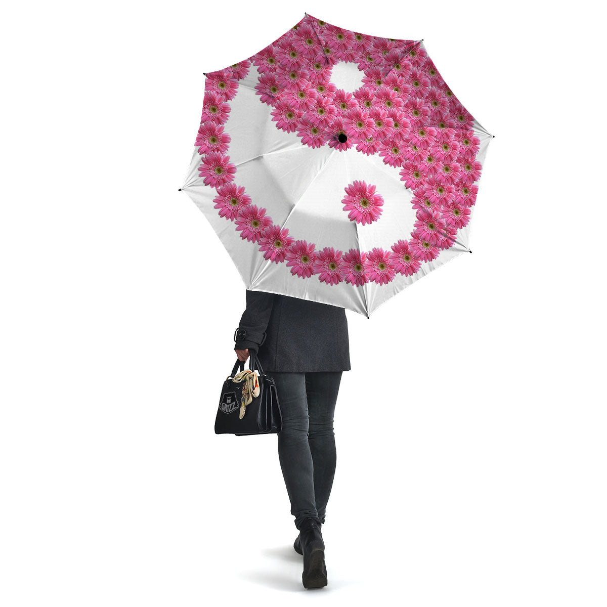 Yin Yang Pink Flowers Print Umbrella-grizzshop