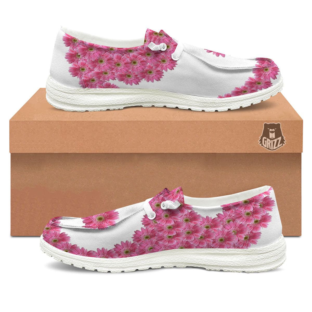 Yin Yang Pink Flowers Print White Loafers-grizzshop