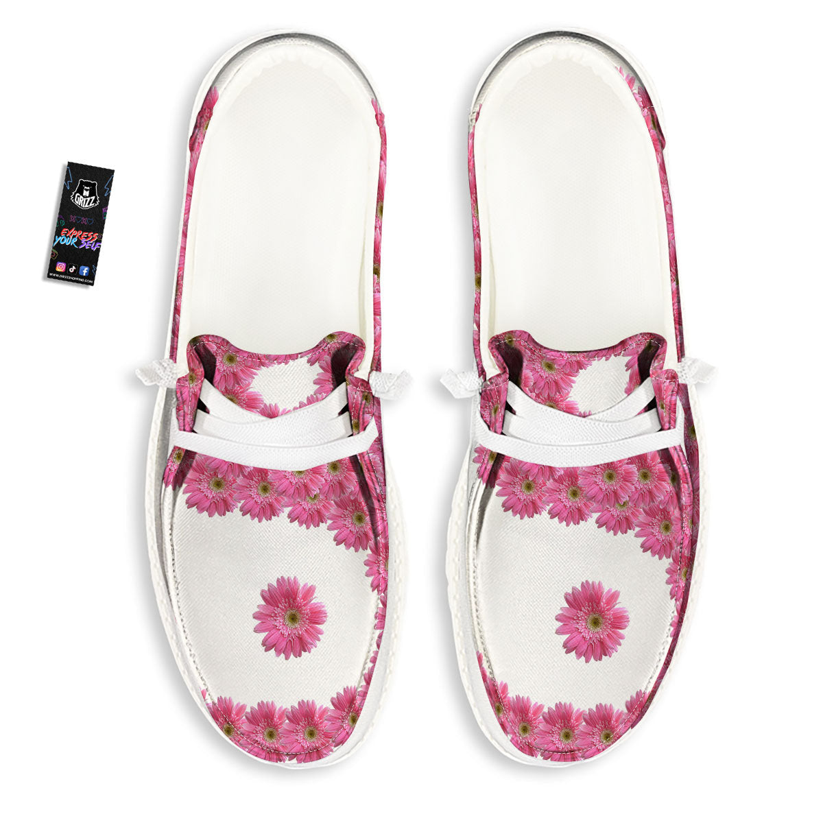 Yin Yang Pink Flowers Print White Loafers-grizzshop