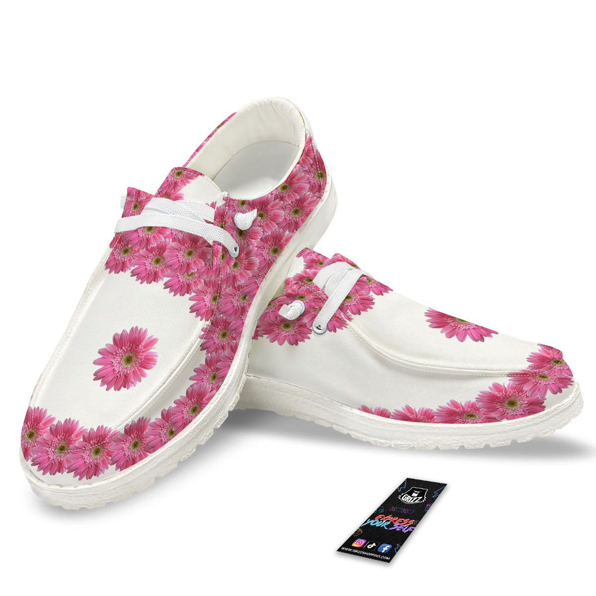 Yin Yang Pink Flowers Print White Loafers-grizzshop